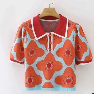 Red and Blue Floral Crop Polo Top